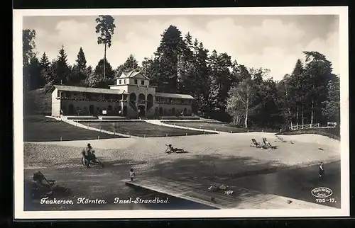 AK Faakersee, Insel-Strandbad mit Badegästen