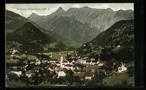 AK Schruns im Montafon, Ortsansicht mit Talblick