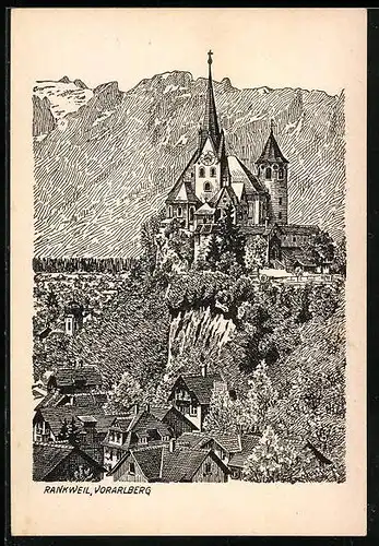Künstler-AK Rankweil, Teilansicht mit Kirche gegen das Gebirge