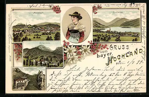 Lithographie Miesbach /Bayer. Hochland, Teilansicht, Wendelsteinhaus und Kirchlein, Birkenstein