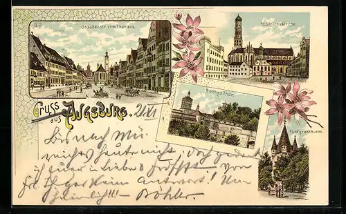 Lithographie Augsburg, Rotes Tor, Jakoberstrasse, St. Ulrichskirche, Fünfgradturm