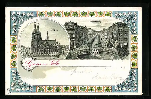 Lithographie Köln, Dom, Strasse Hohenstaufenring mit Springbrunnen