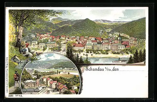 Lithographie Schandau a. Elbe, Teilansicht, Ortspartie