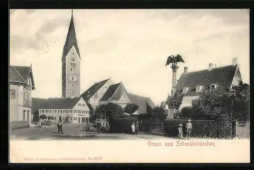 AK Schwabmünchen, Ortspartie mit Kirche und Denkmal