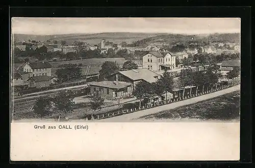 AK Call i. Eifel, Ortsansicht aus der Vogelschau mit Bahnhof