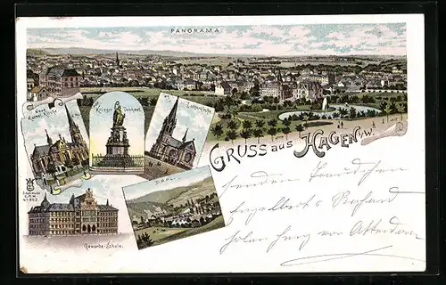 Lithographie Hagen i. W., Panorama, Neue Kath. Kirche, Lutherkirche