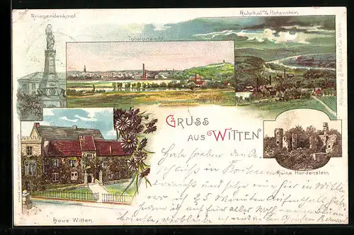 Lithographie Witten, Haus Witten, Ruine Hardenstein, Kriegerdenkmal