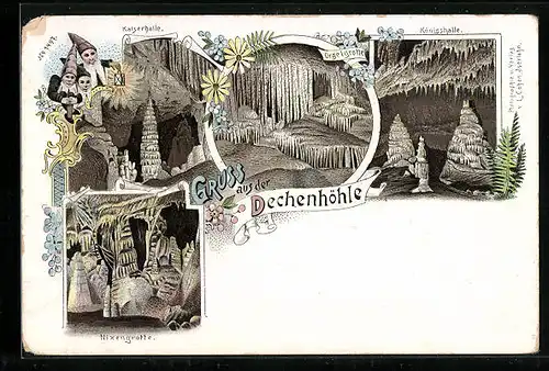 Lithographie Dechenhöhle, Kaiserhalle, Königshalle, Orgelgrotte, Zwerge