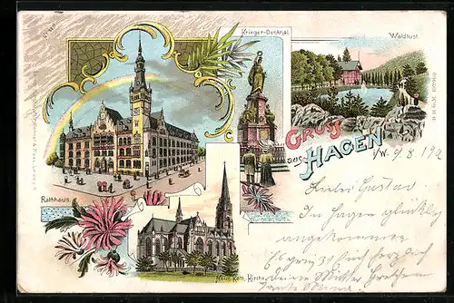 Lithographie Hagen, Krieger-Denkmal, Waldlust, Neue Kath.-Kirche