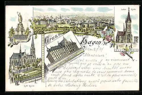 Lithographie Hagen i. W., Totalansicht, Luther-Kirche, Kath. Kirche