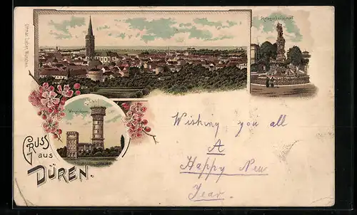 Lithographie Düren, Totalansicht, Wasserthurm, Kriegerdenkmal