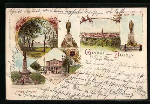 Lithographie Düren, Bismarck-Denkmal, Kaiser-Denkmal, Bahnhof