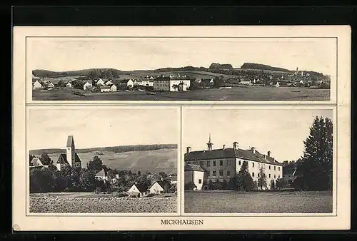 AK Mickhausen, Teilansicht, Ortspartie mit Kirche, Gebäudeansicht