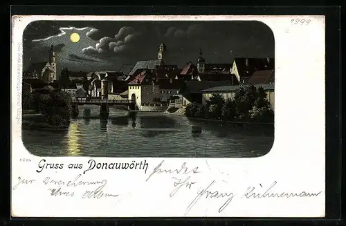 Mondschein-Lithographie Donauwörth, Teilansicht bei Vollmond