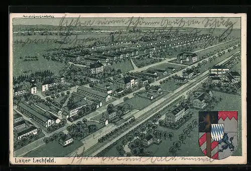 Lithographie Lager Lechfeld, Totalansicht aus der Vogelschau, Wappen