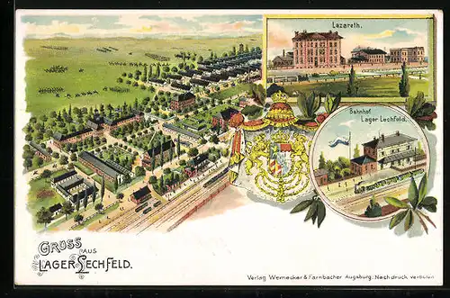 Lithographie Lager Lechfeld, Lager mit Lazarett, Bahnhof mit Damplok, Wappen