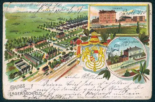 Lithographie Lager Lechfeld, Kaserne mit Bahnhof & Lazarett, Wappen
