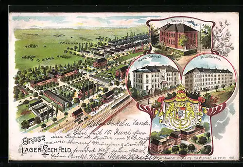 Lithographie Lager Lechfeld, Neue Kaserne, Dienst-Gebäude, Platzkommando