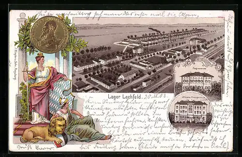 Lithographie Lager Lechfeld, Totalansicht mit Dienstgebäude und Platzcommando