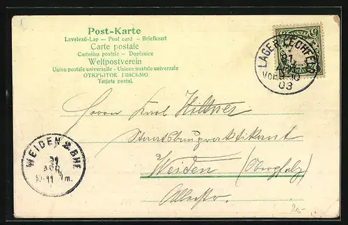 Lithographie Lager Lechfeld, Totalansicht mit Dienstgebäude und Platzcommando