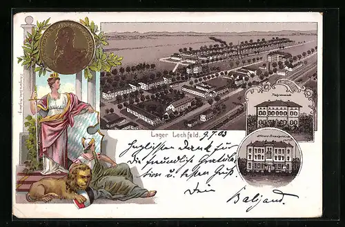 Lithographie Lager Lechfeld, Gesamtansicht mit Dienstgebäude und Platzcommando