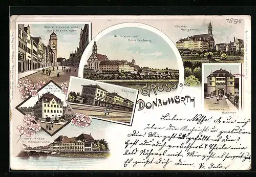 Lithographie Donauwörth, Bahnhof, Kloster Heiligkreuz, Hotel Krebs mit Donaubrücke