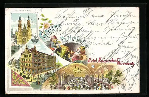 Lithographie Nürnberg, Hotel Kaiserhof, Inneres Gasthaus Ratskeller, St. Lorenz-Kirche