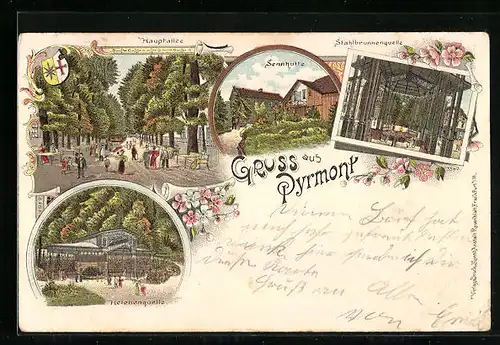Lithographie Pyrmont, Sennhütte, Helenenquelle, Stahlbrunnenquelle