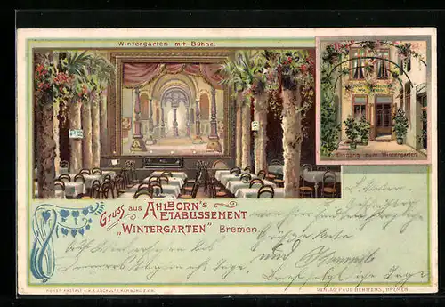 Lithographie Bremen, Ahlborn`s Gasthaus Wintergarten, Innenansicht mit Bühne, Eingang