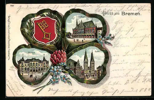 Passepartout-Lithographie Bremen, Börse, Rathaus und Dom im Kleeblatt