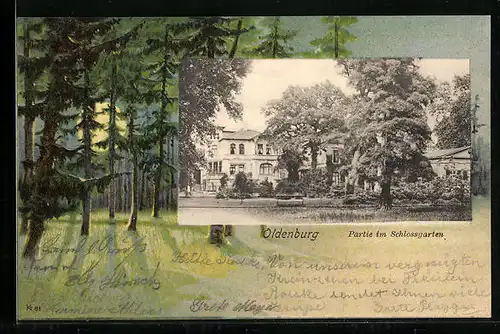 AK Oldenburg, Schlossgarten, Waldpartie bei Mondschein, Passepartout