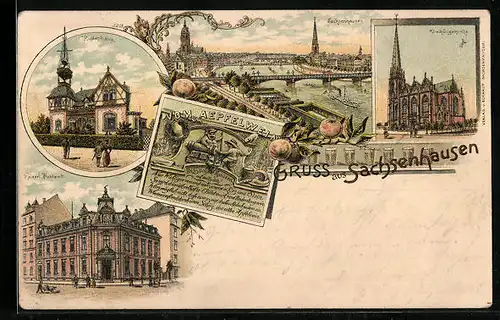 Lithographie Sachsenhausen, Kaiserliches Postamt, Ruderhaus, Dreikönigskirche