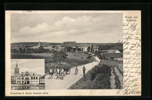 AK Köthnitz, Bauer mit Ochsengespann auf einer Landstrasse, Ortspartie