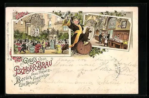 Lithographie Berlin, Gasthaus Pschorr-Bräu, Friedrichstrasse Ecke Behrenstrasse, Innenansicht, Garten
