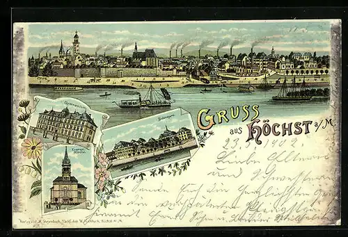 Lithographie Höchst a. M., Gymnasium, Bolongaro, Evangelische Kirche