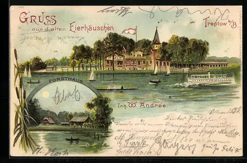 Lithographie Treptow, Gasthaus Altes Eierhäuschen, Forsthaus bei Mondschein