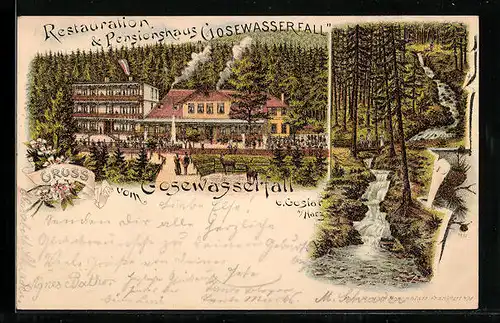 Lithographie Goslar a. Harz, Restauration & Pensionshaus Gosewasserfall