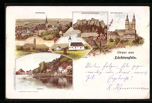 Lithographie Lichtenfels, Kirche und Klause Staffelberg, Schloss Banz, Kirche Vierzehnheiligen