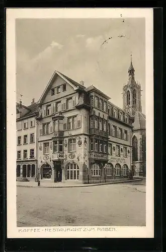 AK Villingen, W. Schlaichs Kaffee-Restaurant zum Raben mit Kirche