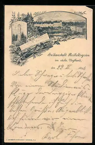 AK Reiboldsgrün /Sa., Ortsansicht, Turm, Heilanstalt