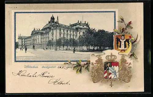 Passepartout-Lithographie München, Justizpalast und Wappen