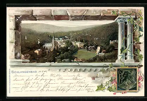 Passepartout-Lithographie Schlangenbad, Ortsansicht und Wappen