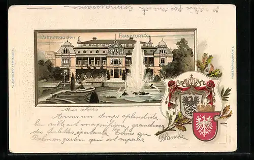 Passepartout-Lithographie Frankfurt-Westend, Palmengarten, Wappen