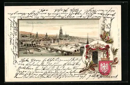 Passepartout-Lithographie Frankfurt a. M., Ortsansicht und Wappen