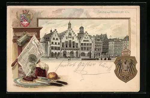 Passepartout-Lithographie Alt-Frankfurt, Römer, Marktplatz, Wappen
