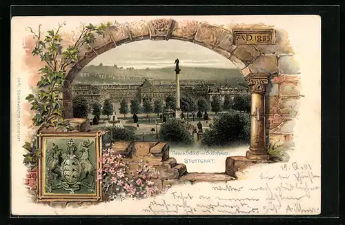 Passepartout-Lithographie Stuttgart, Neues Schloss mit Schlossplatz, Wappen