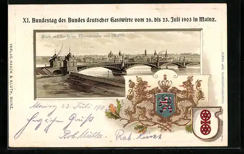 Passepartout-Lithographie Mainz, Neue Rheinbrücke, Wappen