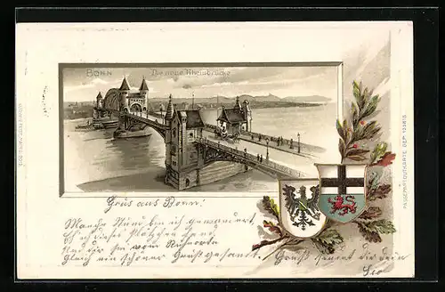 Passepartout-Lithographie Bonn, Neue Rheinbrücke und Wappen