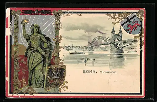 Passepartout-Lithographie Bonn, Rheinbrücke, Wappen