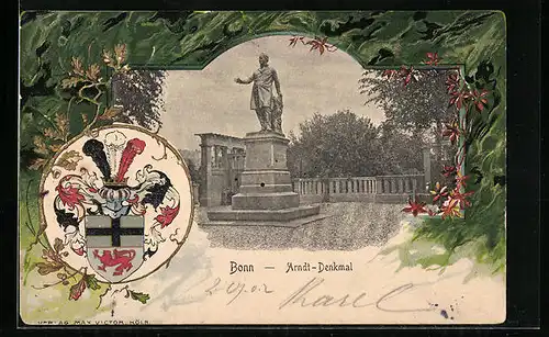 Passepartout-Lithographie Bonn, Arndt-Denkmal und Wappen